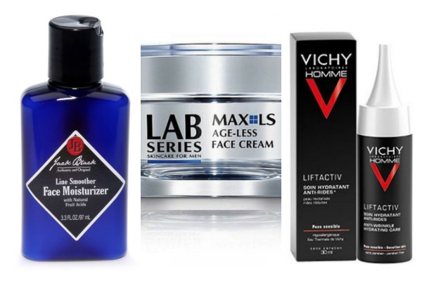 De izquierda a derecha: Line Smoother Face Moisturizer de Jack Black, Age-less Face Cream de LAB Series y Liftactiv de Vichy Homme. Tratamientos anti-edad