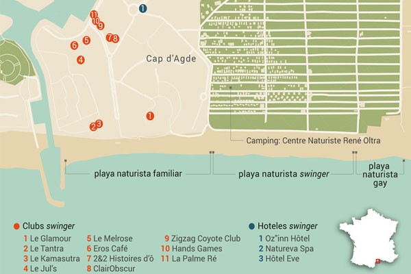 El pueblo está dividido por zonas: familiar, swinger y gay. Solo se puede tener sexo en público en las playas swinger y gay. Cap dAdge mapa