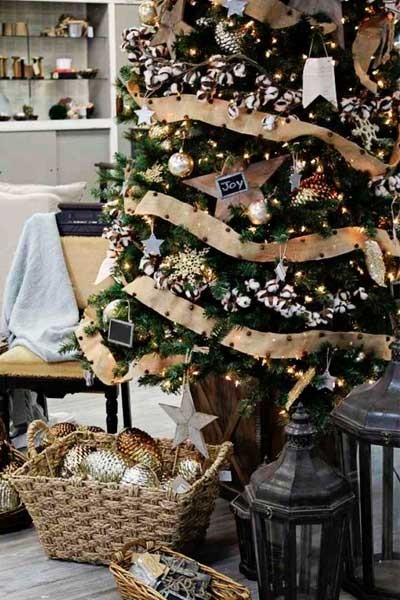 Puedes agregar piñas para darle más realismo al decorado. arbol de navidad dentro del bosque