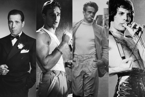 De izquierda a derecha: Humphrey Bogart, Marlon Brando, James Dean, Freddie Mercury. Sex Symbols masculinos