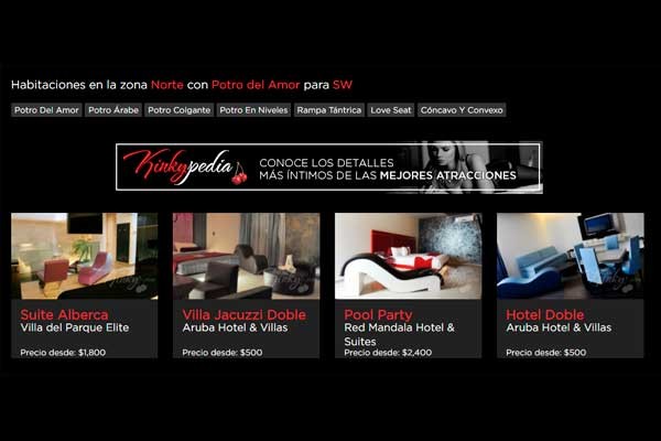 Por ejemplo, si eliges la búsqueda: Potro del Amor (Atracciones), Norte (Zona) y SW (Preferencia), estos son los resultados disponibles. hoteles kinky busqueda