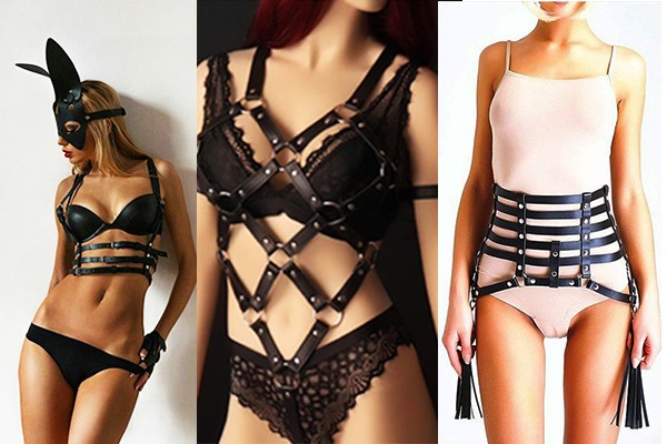 Arneses de izquierda a derecha: bralette, body y cinturón.