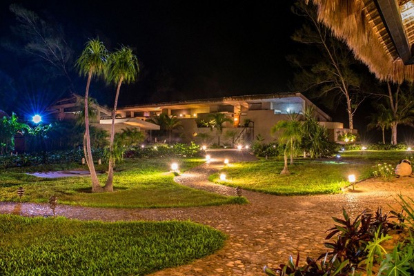 Vista nocturna del jardín.